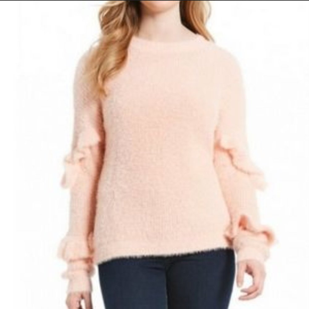 Chelsea & Violet Light Rose Ruffle Fuzzy Long Sleeve Oversized Sweater M…